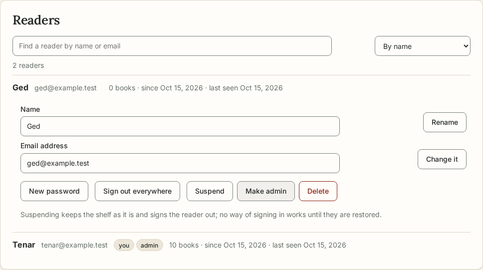 A reader opened in Shelf admin