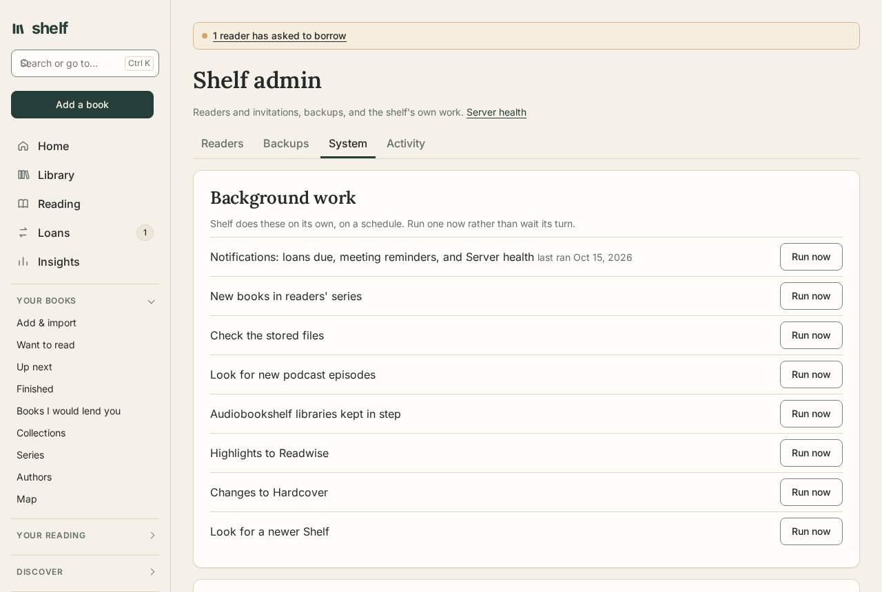 The System tab of Shelf admin: background work with Run now, email, and the announcement