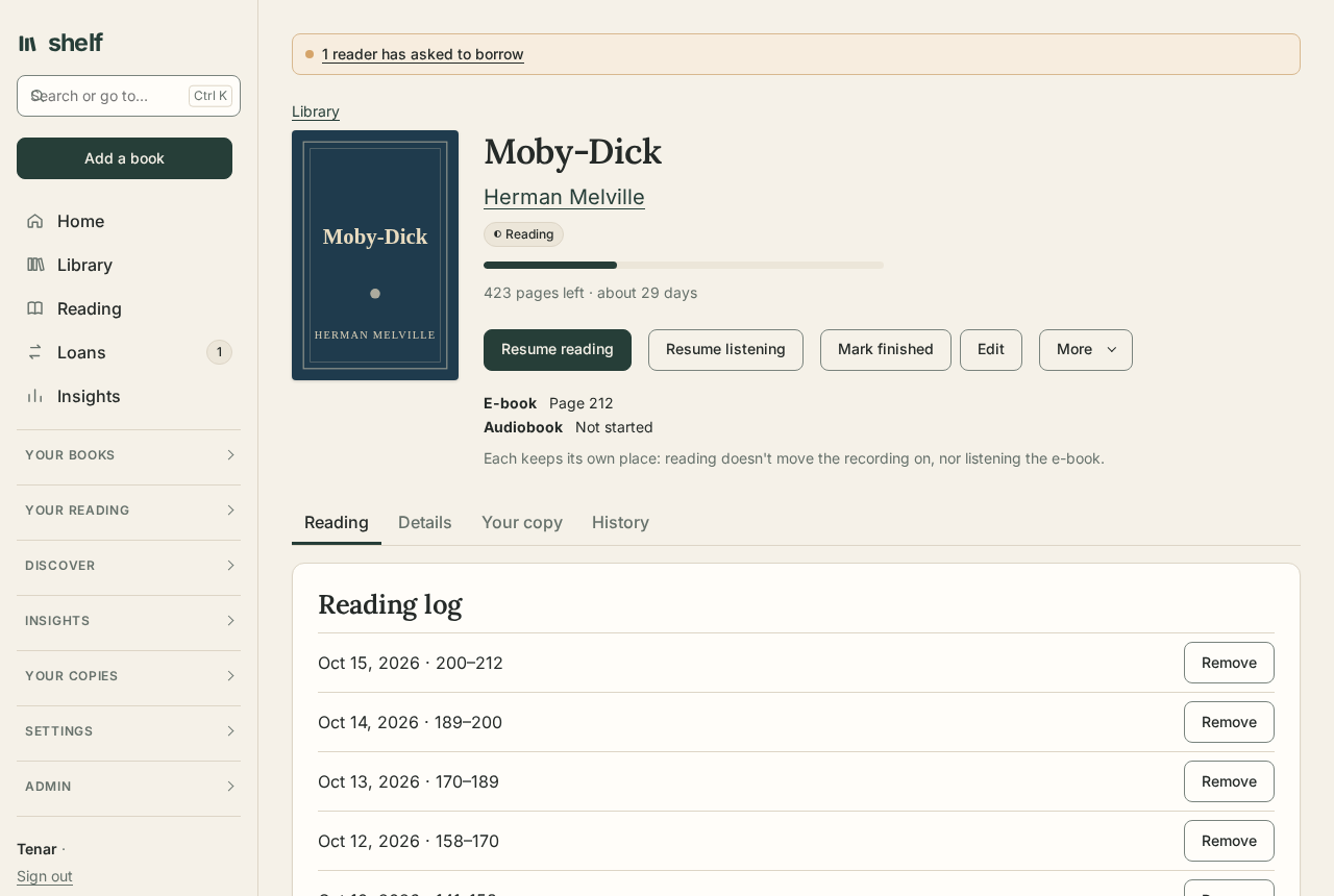 A book's page, led by its cover, status, and next step