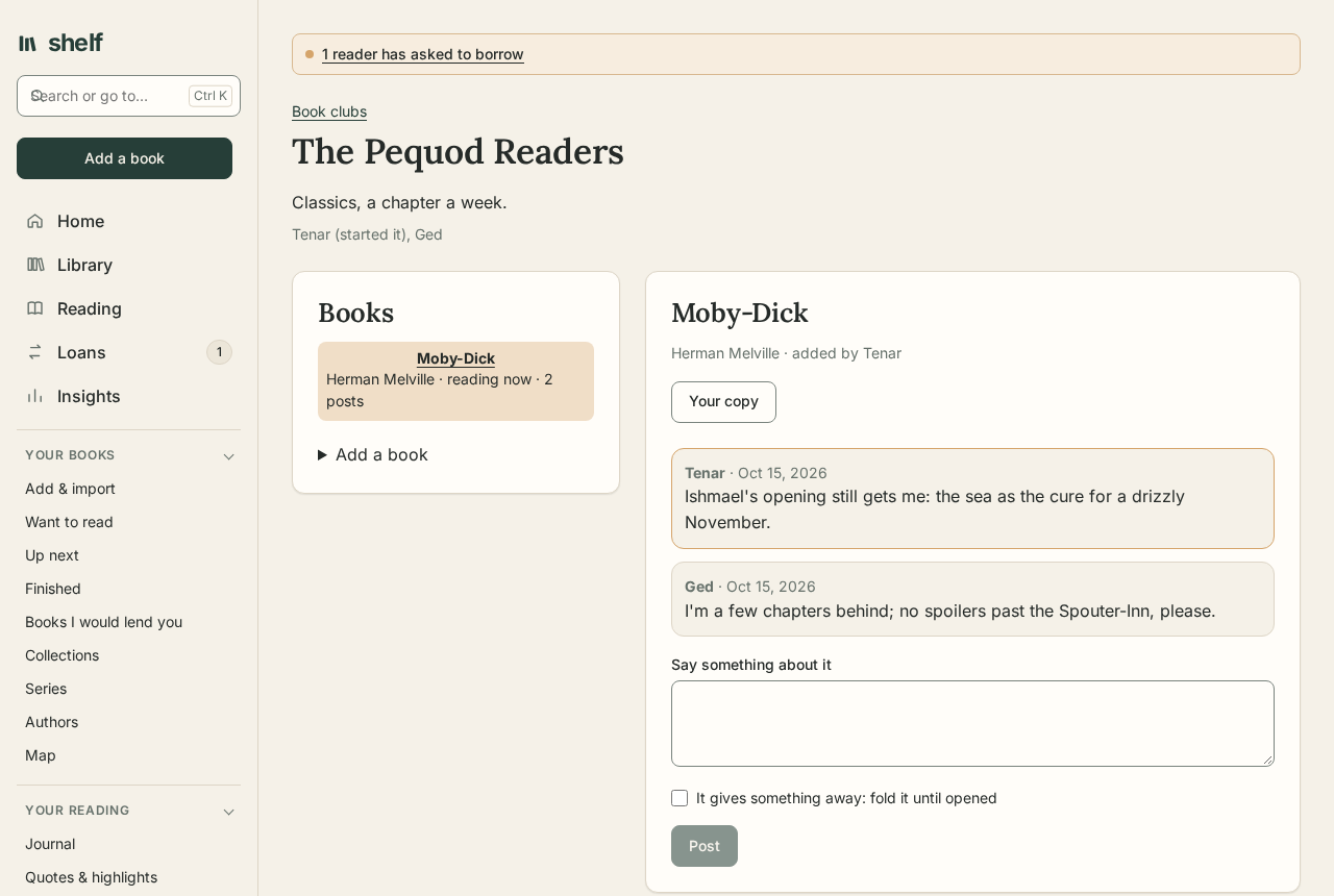 A book club's page with its book and members' posts