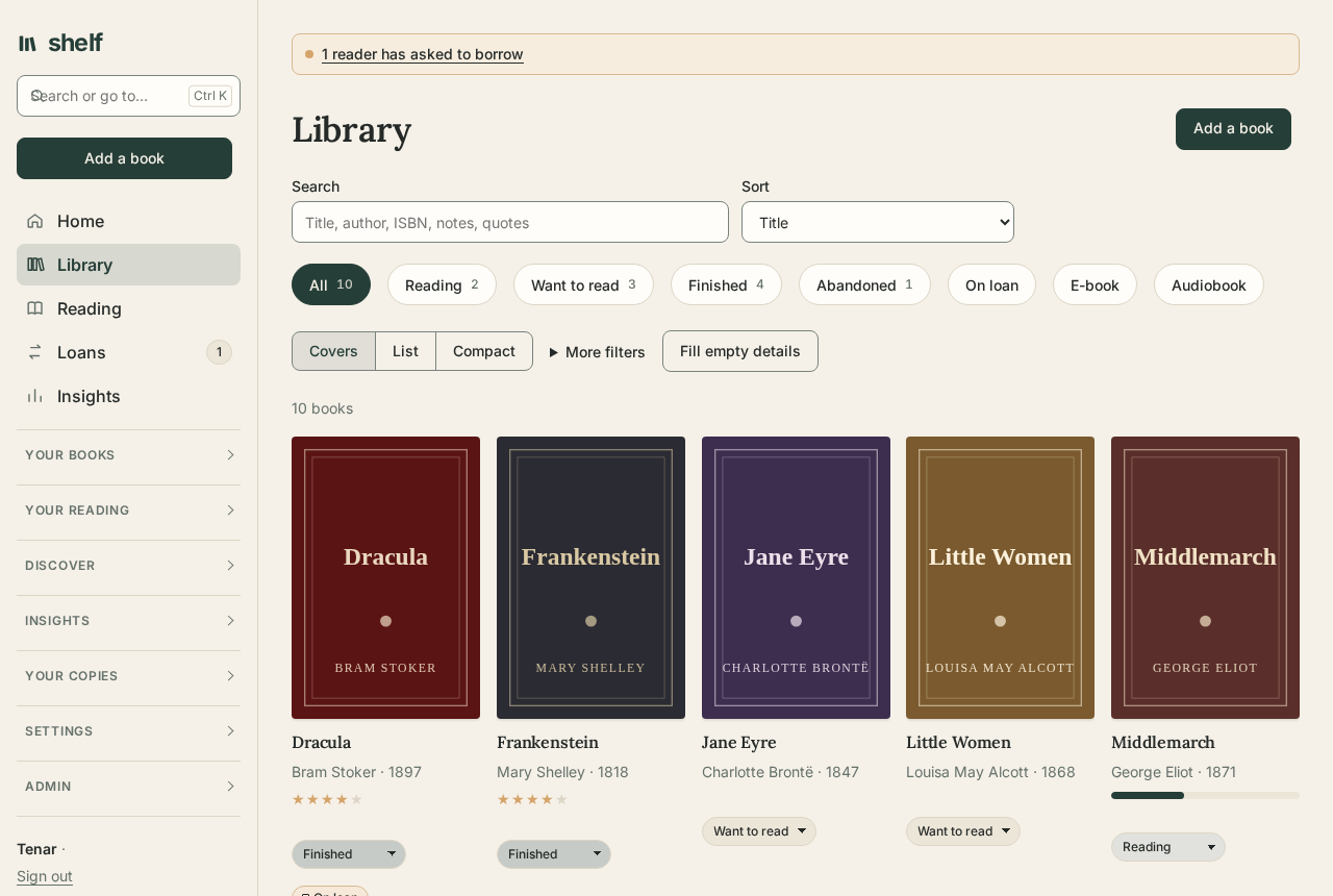 Every book on the shelf as a grid of covers, with filter chips, stars, and a status menu on each