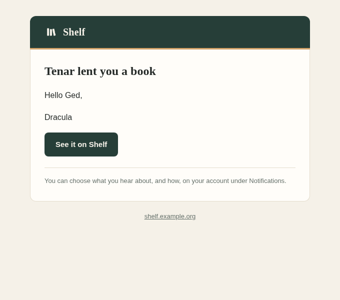 A notification by email: Tenar lent you a book