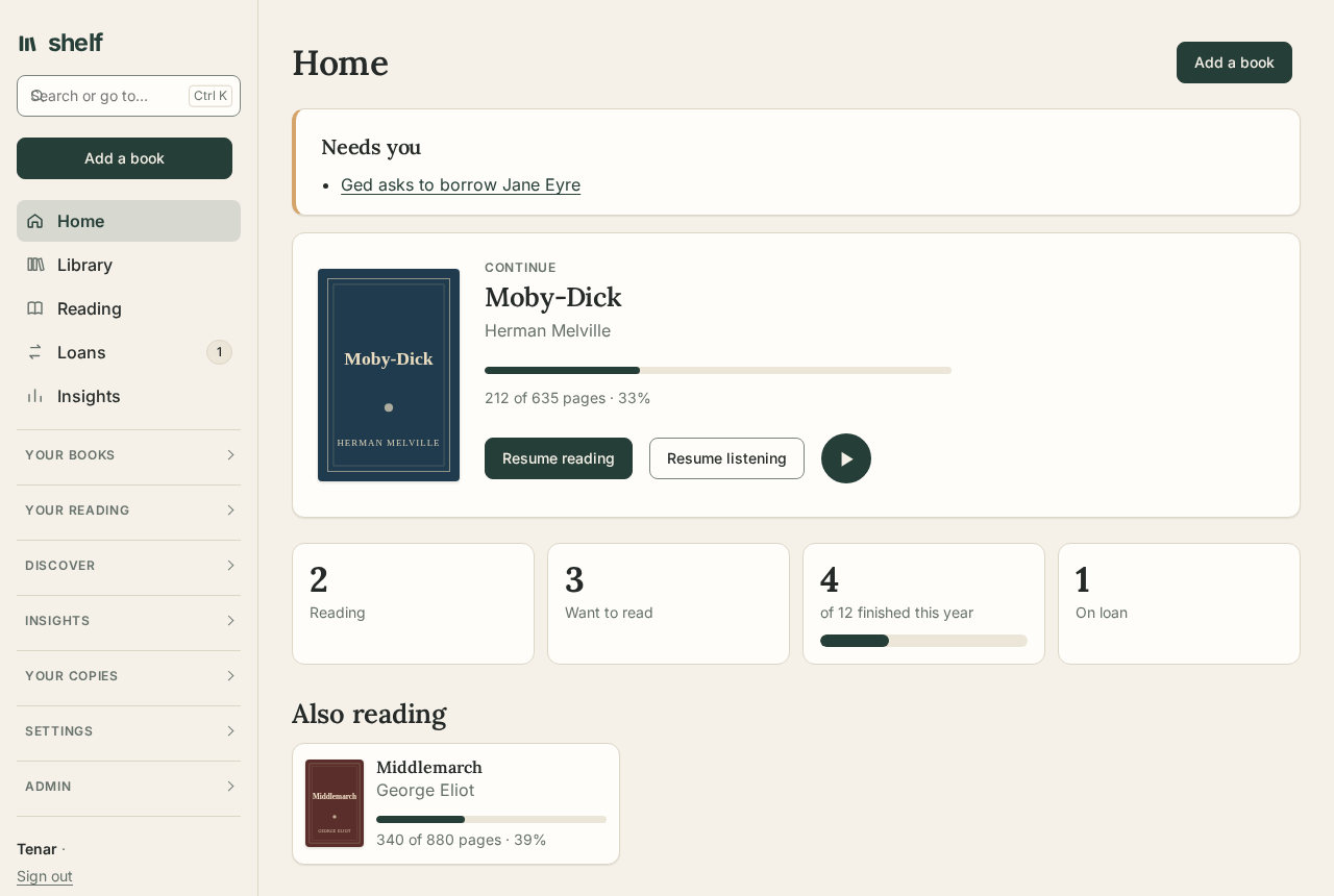 Home: the book last read with a button back into it, the shelf at a glance, and the other open books
