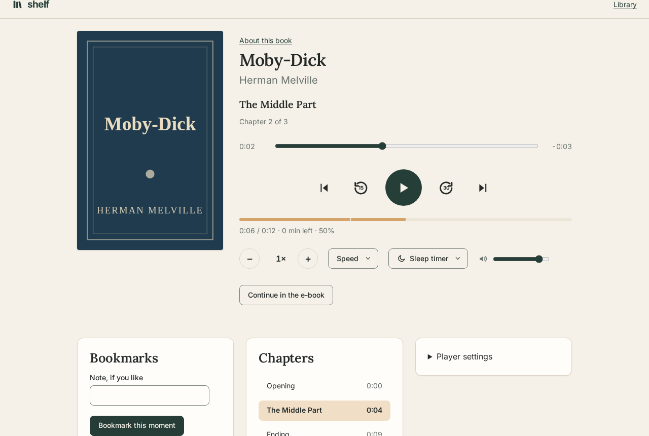 The audiobook player with chapters, a bookmark, and a button to continue in the e-book