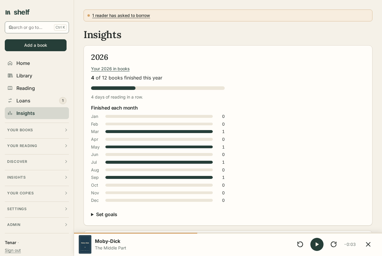 Insights, with the book playing in the mini player at the foot of the page