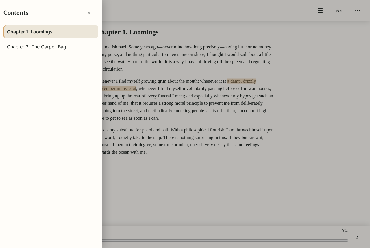 The e-book reader with a highlighted passage and text settings